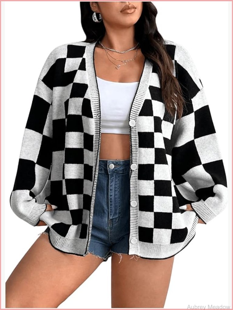 Women's Plus Size Plaid Checkered Button Down Cardigan Sweater Long Sleeve